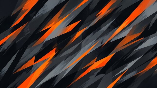 A bold and aggressive abstract background featuring sharp diagonal geometric shapes in vivid orange, dark charcoal, and black. The high-contrast angular composition delivers raw energy, speed, and mod
