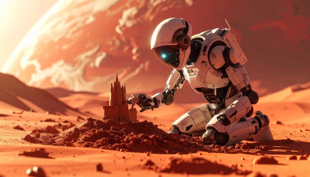 Robot meticulously builds sandcastle on alien planet