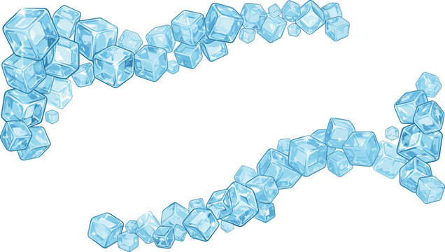 Transparent Blue Ice Cubes Flowing Waves and Borders Set Vector Illustration for Cold Beverage Refreshment and Summer Cooling Concepts