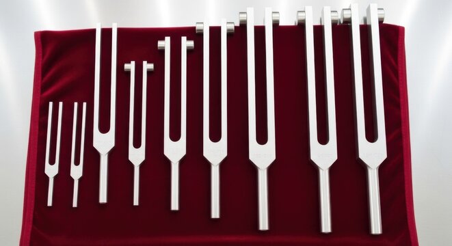 Collection of diverse tuning forks arranged for sonic demonstration and scientific study