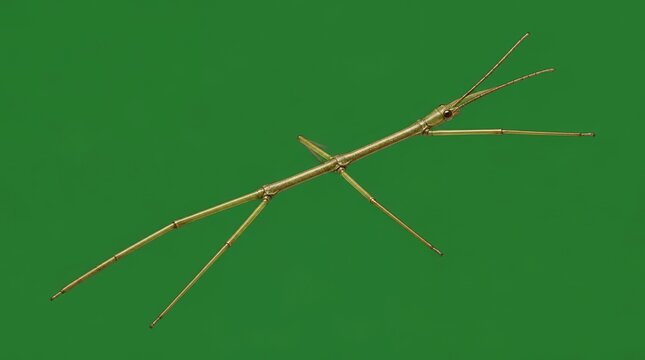 Macro Photography of a Green Stick Insect Isolated on a Solid Green Background