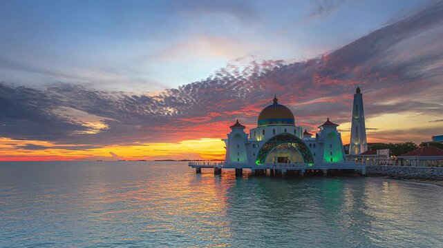 Beautiful Sunset Time Lapse of Melaka Straits Mosque Malaysia Floating Masjid Selat