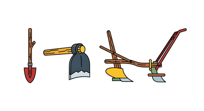 Set of traditional agricultural hand tools for farming and gardening