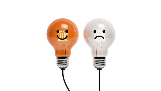 Happy orange light bulb and sad clear light bulb, isolated on transparent background