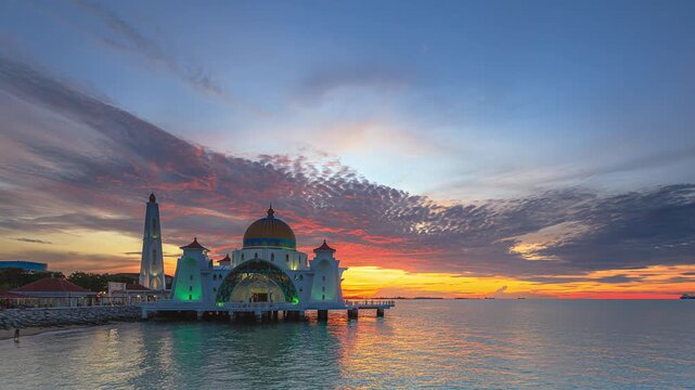 Beautiful Sunset Time Lapse of Melaka Straits Mosque Malaysia Floating Masjid Selat