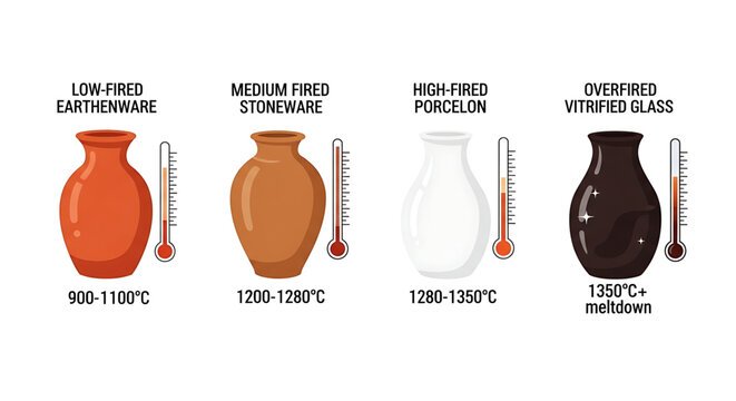 Ceramic firing temperature chart showing earthenware, stoneware, porcelain and vitrified glass