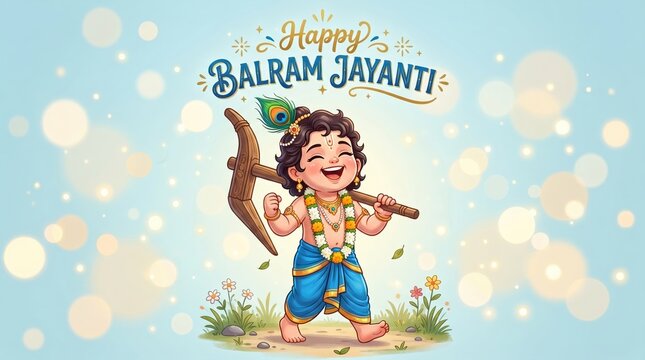 Cartoon boy celebrating Balram Jayanti festival with a club