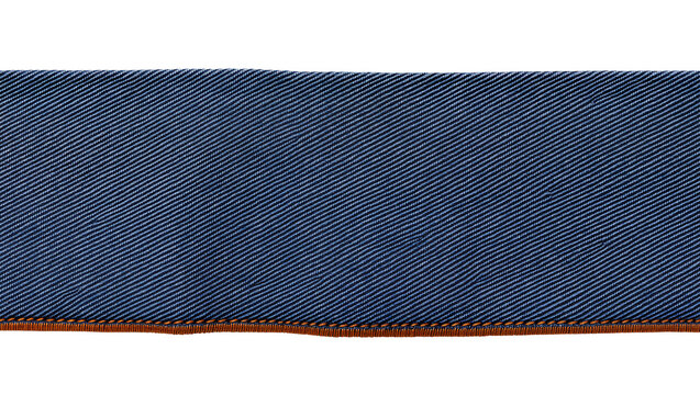 Dark blue denim fabric strip with brown stitching, isolated on transparent background