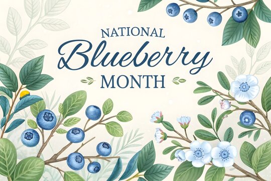 National blueberry month decorative poster design featuring hand drawn blueberries and delicate blossoms on a soft cream background for seasonal promotion