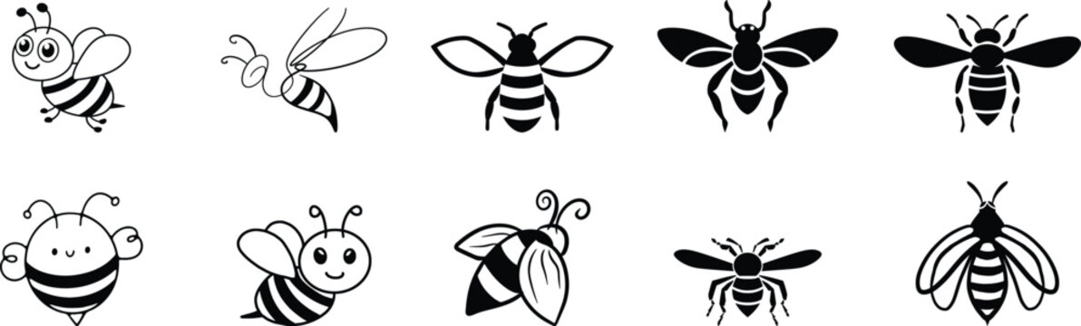 Black bumble bee icon set vector for nature, honey insect symbol, pollination concept, wildlife design, organic farming, eco branding and minimalist animal illustration with transparent background.