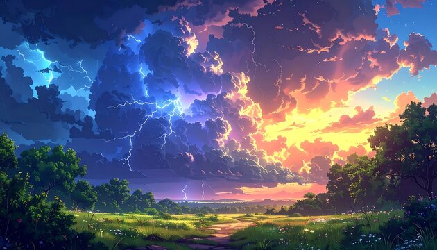 Vibrant landscape with stormy sky split by lightning and sunset hues over green fields and distant trees