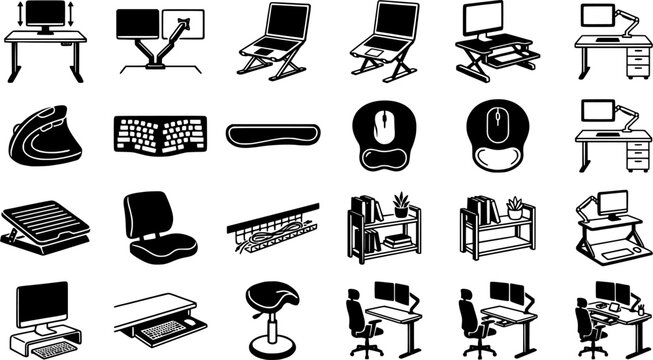Ergonomic Home Office Accessories Icon Set Featuring Adjustable Desk, Monitor Arm, Wireless Mouse, Keyboard, Laptop Stand, Cable Organizer, and Desk Setup Tools