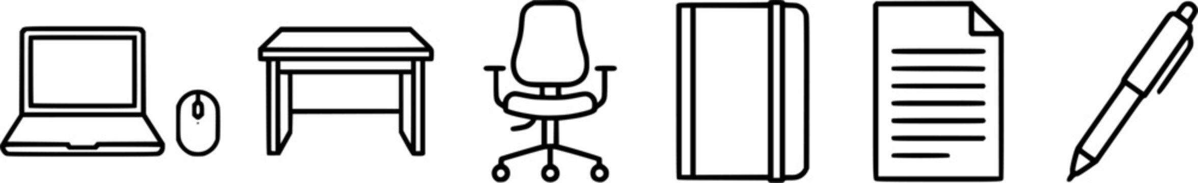 Minimal Home Office Essentials Icon Row Featuring Laptop, Desk, Office Chair, Notebook, Document, Pen, and Remote Work Productivity Tools