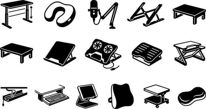 Home Office and Remote Work Accessories Icon Set Featuring Standing Desk, Laptop Stand, Microphone, Ergonomic Chair, Keyboard Tray, Cable Organizer, and Desk Setup Tools