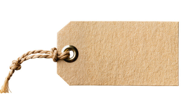 Brown kraft paper price tag with metal eyelet and jute string, isolated on transparent background