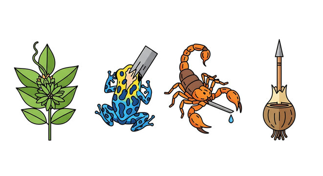 Set of natural poisons and toxins, including poisonous plant, dart frog, scorpion venom, and blowgun dart