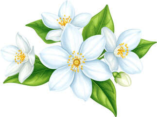 Fototapeta premium This elegant watercolor set features beautiful white jasmine flowers in full bloom with vibrant green leaves and delicate buds.
