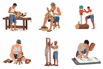 Fototapeta premium Set of diverse craftsmen and artisans creating traditional wooden masks using various hand tools in their workshops, vector illustration.
