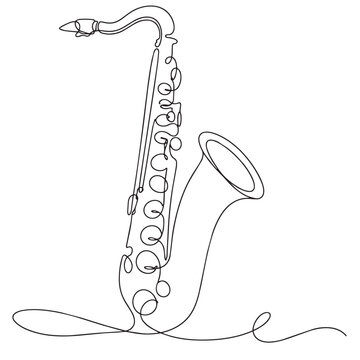Continuous line saxophone drawing, minimalist jazz instrument art one line drawing