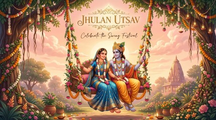 Fototapeta premium Couple on swing, Jhulan Utsav festival, Indian temple garden, joyful