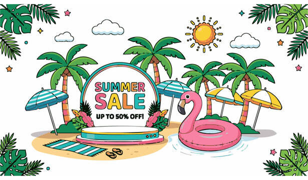 Summer sale podium with pink flamingo pool float tropical palm trees and beach umbrella vector banner illustration
