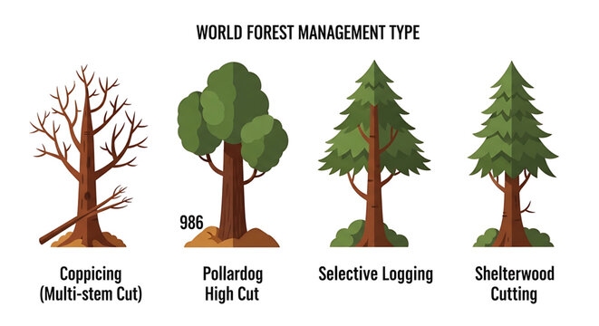 Set of forest management types including coppicing, pollarding, selective logging, and shelterwood cutting