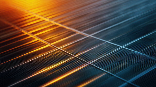 Closeup of a solar panel with a warm glow on its surface