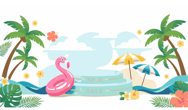 Bright summer sale promotion with tropical podium flamingo float and beach vacation elements vector illustration