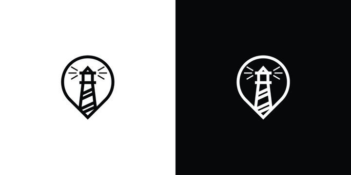 Minimalist lighthouse logo design on black and white background.
