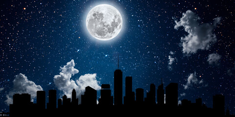 starry night background, starry sky, night city with stars. © thanakon