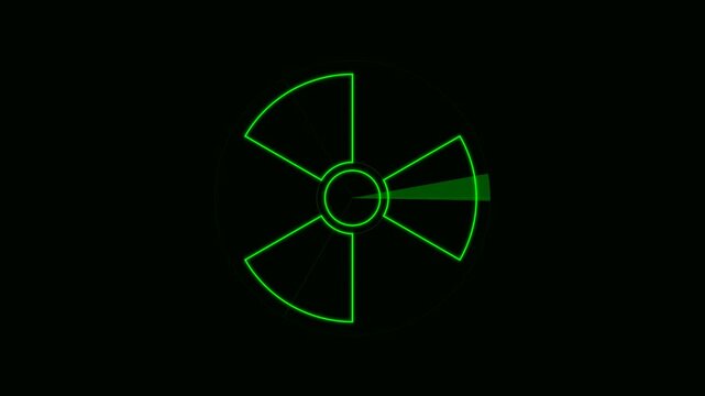 Animated green radioactive symbol with a scanning radar sweep effect, displayed on a dark background, suitable for science or danger related motion graphics.
