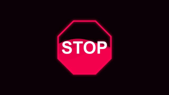 Animated motion graphic displays a bright red octagonal stop sign with white text, glowing neon outline on black background.