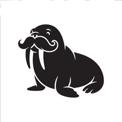 Fototapeta premium Distinguished walrus with a fancy, curly mustache and long tusks, sitting proudly, isolated vector illustration for unique character design.