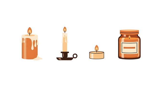 Set of different types of candles, including a pillar candle, taper candle in a holder, tea light, and a scented candle in a glass jar