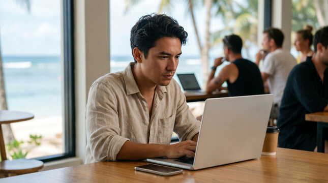 Man working on laptop at beachside cafe