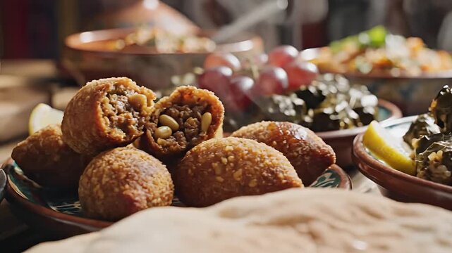 Delicious Middle Eastern Food Spread with Tabbouleh and Kibbeh.