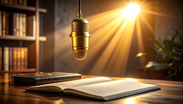 Illuminated open book with vintage microphone and bookshelf.