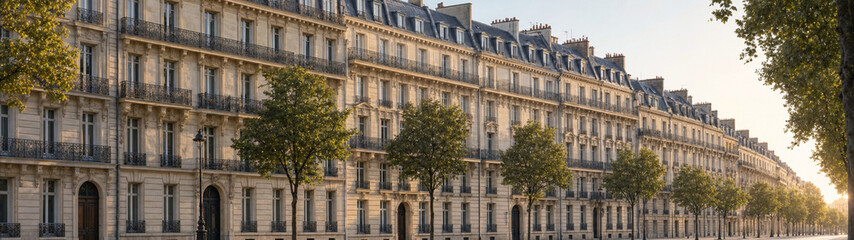 Fototapeta premium Golden-hour view of a historic European city street lined with elegant stone buildings and leafy trees, warm light creating a calm, scenic atmosphere.