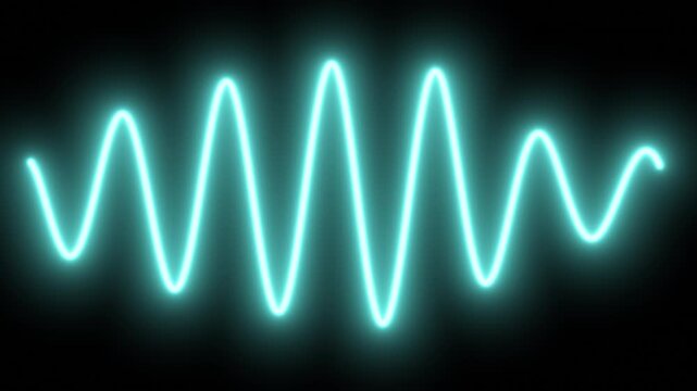 Seamless looping animation of a glowing light blue neon sine wave moving smoothly across a dark background. A decorative motion graphics element