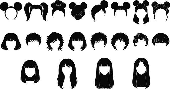 Women hairstyle silhouette collection with trendy bangs buns ponytails and cartoon haircuts vector illustration set