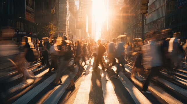 Dramatic Motion Blur of Crowd of People Crossing Busy City Crosswalk at Golden Hour with Tall Skyscrapers and Bright Sun Rays Urban Lifestyle
