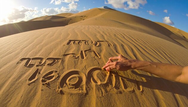 A person's hand traces ancient Phoenician alphabet characters written in the sand of a vast desert dune under a blue sky.