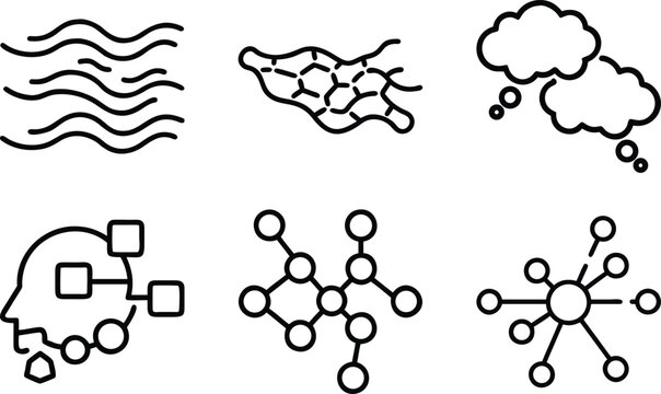 Abstract thin line icons set representing complex systems data structures and connectivity.