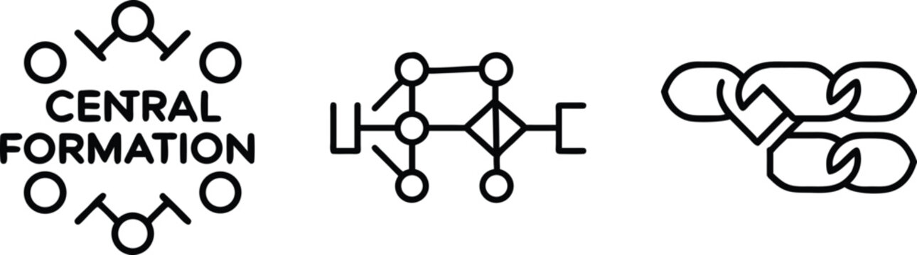 Linear icons showcasing central formation and structural chaining for technology diagrams.