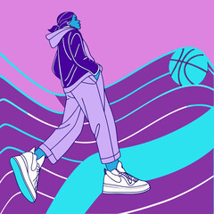 Lifestyle illustration of a person walking in streetwear with basketball and wavy background © tania