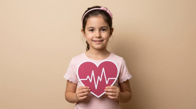 Smiling young girl holding heart shape with heartbeat pulse line, pediatric cardiology concept, child health and medical insurance awareness