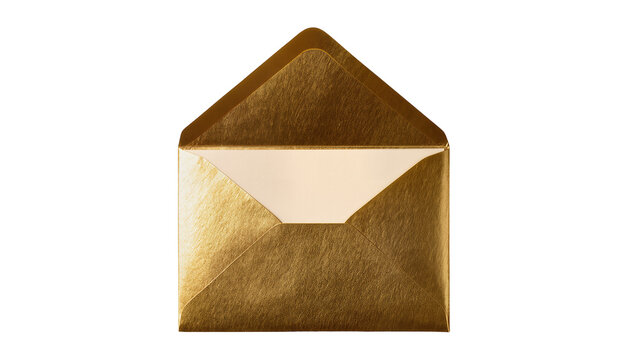 Open metallic gold envelope with cream insert, isolated on transparent background