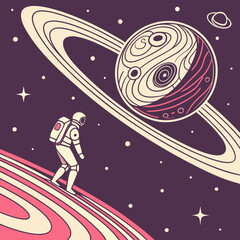 Stylized vector art of an astronaut walking on planetary rings toward a swirling gas giant © tania