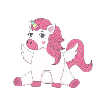 Cute baby unicorn with wings, pink hair and horn, sitting and smiling, decorated with colorful pastel hearts. Adorable cartoon character for kids birthday party invitation, greeting card, nursery wall