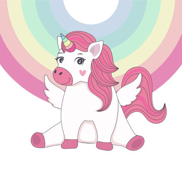 Cute baby unicorn with wings, pink hair and a colorful horn, sitting happily with a bright rainbow in the background. Magical and playful cartoon illustration in pastel colors, perfect for kids birthd